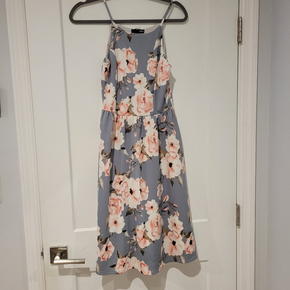 Aqua Gray Floral Midi Dress S